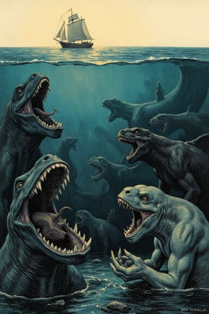 A oil painting, ink style scene capturing the essence of thalassophobia, featuring multiple horrifying, Lovecraftian sea monsters lurking beneath the ocean's surface. Each creature, with its grotesque, massive teeth and otherworldly features, embodies a fearsome terror beyond human comprehension. Above the dark and turbulent waters, a large ship sails, unaware of the monstrous presence below. The scene is rendered with dramatic lighting and dynamic action, emphasizing the immense scale and horrifying nature of the creatures, creating an overwhelming sense of dread.