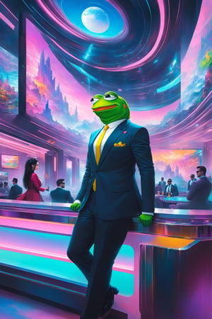 Pepe the frog(wearing nice suit, feels good), inside a futuristic bar, fantasy, Oil painting, heavy brush strokes, colourful, epic art, (masterpiece, highres, high quality:1.2), ambient occlusion, low saturation, High detailed, Detailedface, Dreamscape, cyberpunk style