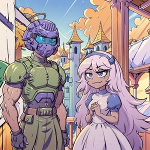 1boy(DoomGuy, tall, young, muscular, wearing doom helmet faceless, no hair, Doomguy(helmet)) and 1girl(Emily,slim body, cute, petite, wearing princess dress, long white hair, gentle and warm smile), (shot from distance), background(balcony, castle, rural area) (masterpiece, highres, high quality:1.2), ambient occlusion, outstanding colors, low saturation,High detailed,Detailedface,Dreamscape