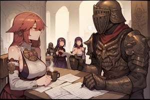 score_9, score_8, score_7, score_8_up, 1boy\(human, dark skin, giant, tall, wearing full madness armor and helmet, sitting on his chair, working\) hugged by 2girls\(big breasts, Raiden Shogun and Yae MIko, cute look on their face, pouty lips, seductive\), both staring at each other, (paper, scrolls, coffee on the table), indoor castle livingroom, score_7_up, side view