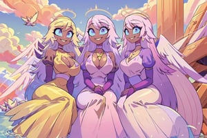 group of girls (emily, slim body, long white hair, blue eyes, eyelashes, jewelry, earrings, necklace, armlet, bracelet, ring, wearing dress, angel wings, large cleavage, headdress, bare shoulders, hoop earrings, bridal gauntlets, feminine, beautiful, cute, gentle smile), beside her animals(rabbits and birds), looking at viewer seductively, sitting, background(mosques,flower, outdoors, day, sky, tree, plant, birds, cloud, ocean, water, scenery), (masterpiece, highres, high quality:1.2), low saturation,High detailed,perfect,midjourney,pastelbg,pastel colors,multiple girls
