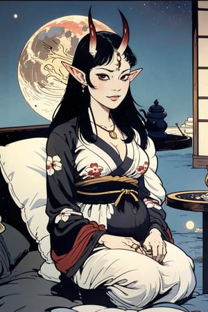 woman\(slim body, long black hair, red eye color, jewelery, bridal gauntlets, rings, amulets, eyelashes, large cleavage, wearing yukata, pregnant, sandal, feminine, beautiful, mistress, succubus, oni horns, demon elf\) The scene should convey a seductive and arrogant smug expression on her face, with an air of arrogance as she maintains eye contact with the viewer, (full body), sitting, background(luxurious japanese balcony, pillows, sky, night, moon, table(sake), pots with flowers),(masterpiece, highres, high quality:1.2), ambient occlusion, low saturation, High detailed, Detailedface