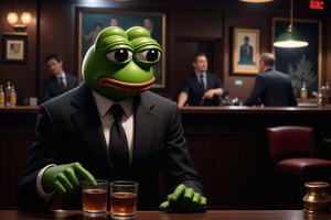 A highly detailed scene, in a dimly lit bar, Pepe the Frog sits alone at the counter, dressed in a sharp but slightly disheveled business suit. His hunched posture and downcast expression reflect a deep sense of sadness and exhaustion, as if the weight of the day has finally caught up with him. A glass of alcohol rests in his hand, the amber liquid half-finished, as he stares blankly ahead, lost in thought. The bar’s soft lighting casts long shadows across his tired face, while the background hum of other patrons and soft music fades into the distance, emphasizing his isolation. The scene captures a moment of quiet reflection and melancholy, as Pepe drowns his sorrows after a long day at work.