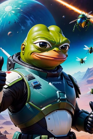 Pepe the frog wearing helldiver Armor giving thumbs up, giant alien insects, background(alien planet), fantasy, Oil painting, heavy brush strokes, colourful, epic art, (masterpiece, highres, high quality:1.2), ambient occlusion, low saturation, High detailed, Detailedface, Dreamscape