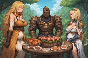 score_9, score_8, score_7, score_7_up, score_8_up, 1boy\(human, giant male, tall male, wearing full madness Armor and helmet, standing\) with 4girls\(big breasts, Yang Xiao Long, Lumine, Power(chainsaw-man) and Luxanna Crownguard, blondes, wearing colored dress, jewelry, thick body, happy expression on their face, pouty lips, seductive, pregnant, sitting\), all sitting, both staring at each other, (cooked meat and juice on the table), garden exterior, day, multiple girls, side view, harem,csr style