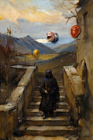 (masterpiece, ultra-high resolution, sharp focus, crystal clear details, vivid textures, high clarity, defined edges, ultra-sharp textures, subsurface scattering, while the background remains softly blurred and less defined). In a surrealist landscape, a faceless figure stands cloaked in muted tones, surrounded by vivid masks of laughter, anger, hate, and disgust, floating around an endless staircase. These masks symbolize the struggle of choice. Together, they depict the tension between emotion and self-discovery in an infinite ascent.