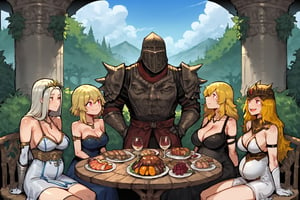 score_9, score_8, score_7, score_7_up, score_8_up, 1boy\(human, giant male, tall male, wearing full madness Armor and helmet\) with 4girls\(big breasts, Yang Xiao Long, Lumine, Power(chainsaw-man) and Luxanna Crownguard, wearing dress, thick body, happy expression on their face, pouty lips, seductive, pregnant\), all sitting, both staring at each other, (cooked meat and wine on the table), garden exterior, day, multiple girls, side view, (4girls), harem