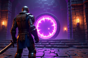 A 3D-rendered scene set in a dark, gritty, Minecraft-inspired world, featuring a muscular warrior standing before a glowing Nether portal. The warrior, detailed with lifelike precision, is dressed in battle-worn steel armor that bears the marks of countless battles. His helmet is open, revealing a chiseled face with piercing blue eyes and dark brown hair, filled with focus and determination. The steel armor, scratched and dented from previous encounters, reflects the flickering torchlight around him, adding depth and realism to the textures.

Strapped to his back is a large, weathered backpack, rendered with intricate details of leather straps and gear. In one hand, he holds a long, sharp sword, its metallic sheen glinting under the soft purple glow of the Nether portal. His other hand grips a heavily used shield, its surface marred by scratches and dents, testifying to the countless battles he’s survived.

Before him stands the Nether portal, pulsating with a swirling vortex of purple energy, its pixelated obsidian frame contrasting sharply with the detailed, realistic textures of the scene. The portal casts an eerie glow, with light and shadows reflecting dynamically across the cave. The surrounding environment is a Minecraft-style cave, with blocky stone walls, yet the 3D textures give the blocks a realistic roughness and depth. Torches mounted on the cave walls flicker, casting long shadows that add a sense of mystery and tension to the scene.

The warrior stands at the edge of the portal, fully prepared to step into the unknown. His stance is powerful and grounded, his body tense as he stares into the swirling energy, ready to face whatever dangers await on the other side. The lighting and reflections, from the soft glow of the torches to the ethereal light from the portal, create a high-contrast atmosphere that emphasizes the 3D realism of the scene. Every detail, from the glint of his sword to the texture of the obsidian portal, is meticulously crafted to capture the raw, gritty feeling of adventure and danger.