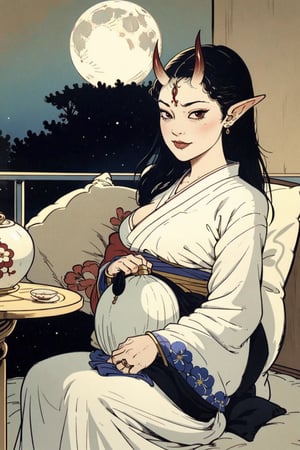 woman\(slim body, long black hair, red eye color, jewelery, bridal gauntlets, rings, amulets, eyelashes, large cleavage, wearing yukata, pregnant, sandal, feminine, beautiful, mistress, succubus, oni horns, demon elf)\ The scene should convey a seductive and arrogant smug expression on her face, with an air of arrogance as she maintains eye contact with the viewer, (full body), sitting, background(luxurious japanese balcony, pillows, sky, night, moon, table(sake), pots with flowers),(masterpiece, highres, high quality:1.2), ambient occlusion, low saturation, High detailed, Detailedface