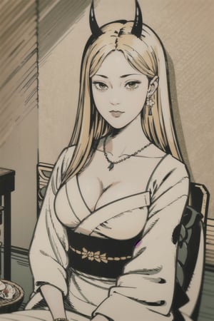 woman\(slim body, long blonde hair, yellow eye color, horns, jewelery, bridal gauntlets, rings, amulets, eyelashes, big breasts, large cleavage, wearing yukata, sandal, feminine, beautiful, mistress\) The scene should convey a seductive and arrogant smug expression on her face, with an air of smugness as she maintains eye contact with the viewer, (full body), sitting, background(luxurious japanese restaurant, pillows, table(sake, rice), pots with flowers),(masterpiece, highres, high quality:1.2), ambient occlusion, low saturation, High detailed, Detailedface
