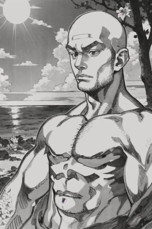 1boy\(male, handsome, young 15 year old, no_hair, bald, beard, tall, muscles, strong jaw, sharp cheekbones, thin lips, shirtless\) upper body, background(day, outdoor, sky, sun, ocean, flowers, trees) (masterpiece, highres, high quality:1.2), ambient occlusion, outstanding colors, low saturation,High detailed, Detailedface, Dreamscape, Vagabond style, Japanese, black and white