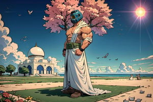 Doomguy(bodybuilder, tall, naked but wearing white robe Ihram and helmet) perform salaah in congregation on prayer mat, full body, (shot from distance), background(mosques, day, outdoor, sky, sun, tree, ocean, flowers, birds, bunnies, rabbits) (masterpiece, highres, high quality:1.2), ambient occlusion, outstanding colors, low saturation,High detailed, Detailedface, Dreamscape