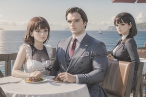 Henry Cavill wearing business suit with 2girls(Frieren and aura) both wearing nice dress, sitting, steak and wine on the table, fantasy, (Shot from distance),background(ocean, outdoor restaurant)(masterpiece, highres, high quality:1.2), ambient occlusion, low saturation, High detailed, Detailedface, Dreamscape,Extremely Realistic