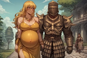 score_9, score_8, score_7, score_7_up, score_8_up, 1boy\(human, giant male, tall male, wearing madness Armor and (madness helmet)\) walking and holding hand of 1girl\(Yang Xiao Long, short, smiling, pregnant, jewellery, gold, wearing dress, pouty lips, seductive, blushing\), both staring at each other, day, city, multiple magical butterflies, outdoor, mushroom trees, romance, fantasy, hetero, anime, 2d