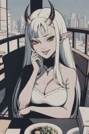 pov across table, looking at viewer, sitting, solo, cup of coffee, table, plate, fork, depth of field, food, spoon, head rest, woman\(slim body, young, Oni horns, demon elf ears, long white hair, red eyes, jewelery, bridal gauntlets, rings, amulets, eyelashes, large cleavage, wearing full harem dress, sandal, feminine, beautiful, mistress\), The scene should convey a seductive and smug smile expression on her face, with an air of arrogance as she maintains eye contact with the viewer, blurry background(luxurious arabian balcony, outdoor, sky, day, Dubai city, pillows),(masterpiece, highres, high quality:1.2), ambient occlusion, low saturation, High detailed, Detailedface, break CONCEPT_pov_dating_ownwaifu,www.ownwaifu.com