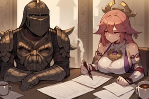 score_9, score_8, score_7, score_8_up, 1boy\(human, dark skin, giant, tall, wearing full madness armor and helmet, sitting on his chair, working\) hugged by 2girls\(big breasts, Raiden Shogun and Yae MIko, cute look on their face, pouty lips, seductive\), both staring at each other, (paper, scrolls, coffee on the table), indoor castle livingroom, score_7_up, side view