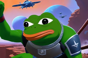 Pepe the frog and chad wojak both wearing helldiver, having a great time, fighting against giant alien insects, background(alien planet), fantasy, Oil painting, heavy brush strokes, colourful, epic art, (masterpiece, highres, high quality:1.2), ambient occlusion, low saturation, High detailed, Detailedface, Dreamscape