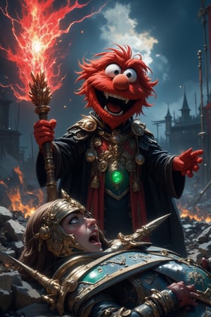 A highly detailed, cinematic scene with Elmo standing victoriously, dressed as a menacing wizard. His vibrant red fur contrasts with his twisted, evil expression, and his wide, sinister grin showcases his triumph. In his hands, he grips a towering, legendary staff with a glowing, ethereal red crystal, which crackles with dark magical energy. His wizard robes billow in the wind, adding to his ominous presence.

On the ground before him, a fierce female knight lies defeated, her face displaying a mix of shock and disbelief. Her intense green eyes, once filled with determination, are now wide with surprise as she stares up at her conqueror. Her massive, legendary greatsword lies discarded beside her, its celestial symbols faintly glowing. The intricate runes on her battered armor reflect the dim light of an overcast sky, as she tries to comprehend her loss.

In the blurred background, the remnants of a war-torn battlefield—broken banners, smoldering ashes, and scattered weapons—add to the weight of the moment. The contrast between Elmo's evil triumph and the knight's stunned defeat creates a dramatic, tension-filled atmosphere.