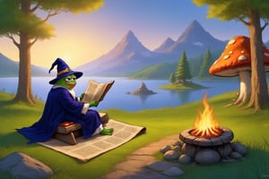 Pepe(frog, old, wearing wizard robe, long white beard, wizard, reading a scroll), sitting and resting on lakeside, campfire, boiling tee, background(outdoor, giant mushrooms, day),(masterpiece, highres, high quality:1.2), ambient occlusion, low saturation, High detailed, Detailedface, (shot from distance),Wojak