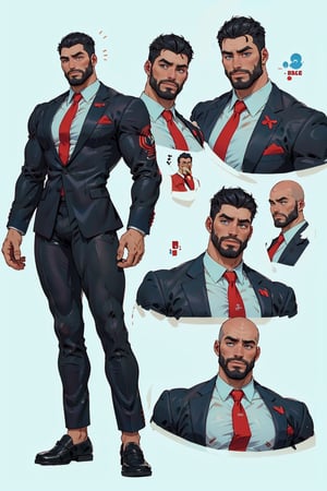 gigachad(tall, young, bodybuilder, muscular, handsome, blue eyes, (short black hair head), black business suit with red tie, nice shoes), multiple boys,character sheet, character design, reference sheet, multiple views, turnaround, full body, from front, from side, from behind, (masterpiece, highres, high quality:1.2), outstanding colors, low saturation, High detailed, Detailedface, Dreamscape