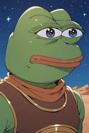 score_9, score_8, score_7, score_8_up, pepe the frog, wearing Arabian Armor, outdoor, night, desert, starring at the stars, score_7_up