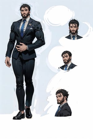 man(tall, gigachad, young, bodybuilder, muscular, handsome, blue eyes, (short black hair), beard, black business suit with blue tie, nice shoes), multiple boys,character sheet, character design, reference sheet, multiple views, turnaround, full body, from front, from side, from behind, (masterpiece, highres, high quality:1.2), outstanding colors, low saturation, High detailed, Detailedface, Dreamscape,Black,Flieger