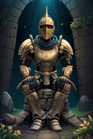 High resolution, extremely detailed, atmospheric scene, masterpiece, best quality, high resolution, 32k, high quality), (Full Body), knight(wearing full armor and helmet, tall), sitting on a stone, at the entrance of a dungeon, surrounded by rolling green hills and colorful flowers. The sunlight casts a warm, golden glow.