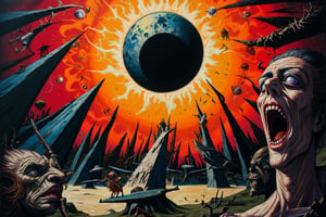 A surreal, geometric oil painting in the style of Salvador Dalí, fused with abstract and cubist influences, featuring a central eclipse reminiscent of the haunting eclipse from Berserk. The painting's composition is dominated by sharp, angular forms and vibrant, contrasting colors, creating a sense of tension and unease.

At the center of the canvas, a massive, foreboding eclipse hangs in the sky, its dark core surrounded by a glowing, fiery corona. The eclipse is rendered with a sense of depth and power, with swirling, chaotic energy radiating outwards. The sun and moon, now partially obscured, are fused together in this unnatural phenomenon, their faces distorted with expressions of agony and dread, reflecting the ominous atmosphere.

Surrounding the eclipse, geometric shapes and forms twist and contort, creating a fragmented, otherworldly landscape. Disembodied eyes and mouths float through the scene, their expressions reflecting the fear and madness brought on by the eclipse. The eyes, wide and terrified, are scattered among jagged, triangular shapes, while the mouths are frozen in silent screams, adding to the unsettling mood of the piece.

The background is a chaotic mix of deep reds, blacks, and purples, with jagged lines and abstract forms cutting through the space, evoking a sense of despair and impending doom. The overall composition is a nightmarish blend of surrealism and geometric abstraction, where the eclipse dominates the scene, casting its dark influence over everything below.

This painting captures the essence of a cosmic horror, with the eclipse at its center symbolizing the convergence of terrifying forces beyond human comprehension. The use of sharp, angular shapes and distorted forms adds to the sense of unease, making it a visually striking and deeply unsettling work of art.