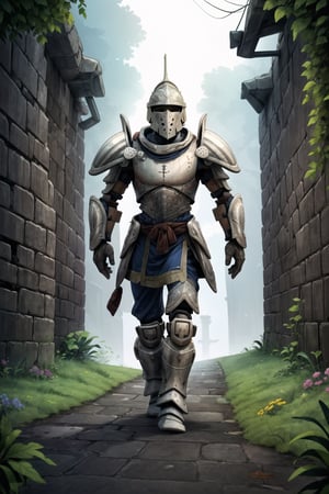 High resolution, extremely detailed, atmospheric scene, masterpiece, best quality, high resolution, 32k, high quality), (Full Body), knight(wearing full armor and helmet, tall), walking inside a dark dungeon, surrounded by rolling green hills and colorful flowers.