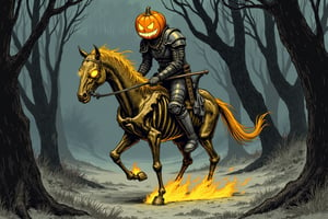 In the ink style of CharlesDG, a formidable human Pumpkin Knight rides through a dark, twisted forest. His pumpkin helmet, carved into a menacing grin, emits a dim orange glow, illuminating the eerie surroundings. Clad in rugged armor made of decaying leaves and vines, he embodies the essence of autumn’s decay.

Beneath him gallops a skeletal horse in yellow flame, its bony frame stark against the forest's darkness. Its eye sockets blaze with fierce yellow flames, casting an unsettling light through the mist. Each rib is visible, and it moves silently, exuding an otherworldly grace.

Shadows shift among the gnarled trees, but he rides on without fear, determination etched in his posture. The knight's expression is serious, devoid of any fear or foolishness, embodying a relentless spirit ready to confront the dark horrors that await.