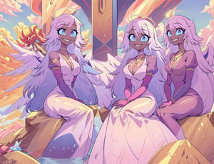 group of girls(emily, slim body, long white hair, blue eyes, eyelashes, jewelry, earrings, necklace, armlet, bracelet, ring, wearing dress, angel wings, large cleavage, headdress, bare shoulders, hoop earrings, bridal gauntlets, feminine, beautiful, cute, gentle smile), looking at viewer seductively, sexy pose, sitting, background(mosques,flower, outdoors, day, sky, tree, plant, birds, cloud, ocean, water, scenery), (masterpiece, highres, high quality:1.2), low saturation,High detailed,perfect,midjourney,pastelbg,pastel colors,multiple girls