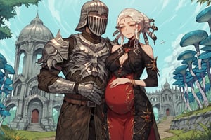 score_9, score_8, score_7, score_7_up, score_8_up, 1boy\(human, giant male, tall male, wearing full madness Armor and helmet, armored\) with 1girl\(Salem_RWBY, pregnant belly, big breasts, slim body, wearing dress, jewellery, gold, hugging, pouty lips, seductive, smug smile, hugging, blushing\), forest, castle, outdoor, mushroom trees, romance, fantasy, 2d, anime, hetero