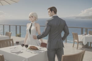 Henry Cavill wearing business suit with Frieren wearing nice dress, steak and wine on the table, fantasy, (Shot from distance),background(ocean, outdoor restaurant)(masterpiece, highres, high quality:1.2), ambient occlusion, low saturation, High detailed, Detailedface, Dreamscape,Extremely Realistic