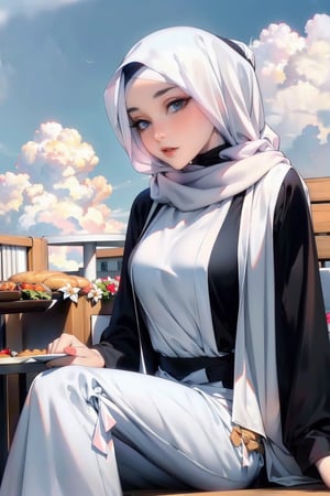Woman(slim body, young, ruby eyes, eyelashes, hijab, Wearing a white headscarf and veill,Gorgeous abaya,arabian pants Arabian, feminine, beautiful), looking at viewer with cute expression, sitting, (shot from distance), background(outdoors, day, sky, cloud, restaurant), (masterpiece, highres, high quality:1.2), low saturation,High detailed,soft shading