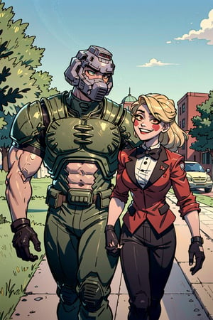 Doomguy(tall, young, muscular, wearing armor and helmet) and Charlie(slim body, cute, petite, wearing red business suit with black bow tie, long blonde hair, smile), romance, hand in hand strolling along the quiet park, staring at each other. (masterpiece, highres, high quality:1.2), ambient occlusion, outstanding colors, low saturation,High detailed,Detailedface,Dreamscape