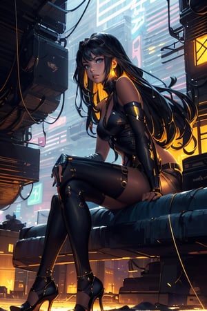(best quality, masterpiece, colorful, dynamic angle, highest detailed)upper body photo, full body photo, fashion photography of cute  1girl, mechanical arms, cyborg, dark mood, dystopia, glowing, looking at viewer, sitting, long hair, bokeh (intricate details, hyperdetailed:1.15), detailed, light passing through hair, (official art, extreme detailed, highest detailed),
