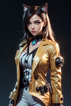 a 3d render of a game character,a cute girl with long curly brown hair (,cg,colonial suit,unity render,cat eyes,large eyes,blender,octane render,hyper detail,hyper focus,simple background,gradient background,high performance,high poly count,extreme quality,uhd,8k,aaa,neon highlights,steampunk