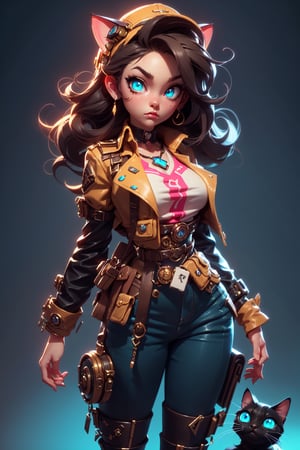 a 3d render of a game character,a cute girl with long curly brown hair (,cg,colonial suit,unity render,cat eyes,large eyes,blender,octane render,hyper detail,hyper focus,simple background,gradient background,high performance,high poly count,extreme quality,uhd,8k,aaa,neon highlights,steampunk