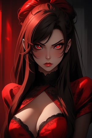 LDQS style crimson girl with sharp sexy crimson eyes serious expressions, sexy atire, masterpiece,8k,sharpfocus