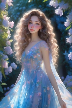 A white young teen princess with fair skin, hazel eyes, detailed bright eyes, long curly brown hairs, wearing beautifully thin blue translucent fabric, designer dress showing her skin, half dress, translucent, standing in a pose with her hand put under her chin, dreamy background of a garden full of flowers, 8k, highly detailed, sharp focus, niji5, sharp details, hyper realistic.