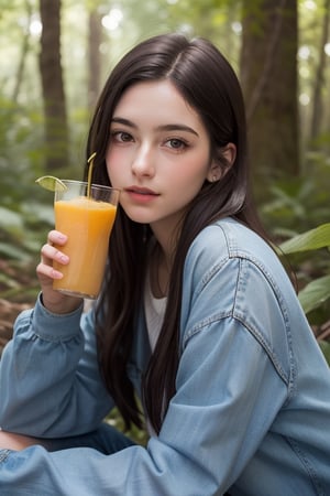 retrato de una joven tomando jugo en el bosque