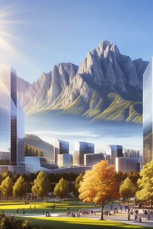 Create an ultra-modern urban construction scene against a backdrop of majestic mountains. The cityscape features sleek, towering skyscrapers with glass facades reflecting the golden sunset light. The composition includes a wide-angle shot capturing the contrast between the sharp, geometric lines of the buildings and the natural, rugged peaks in the background. The foreground shows a bustling city park with people enjoying the modern amenities under the shadow of the towering structures.