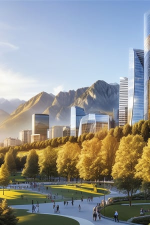 Create an ultra-modern urban construction scene against a backdrop of majestic mountains. The cityscape features sleek, towering skyscrapers with glass facades reflecting the golden sunset light. The composition includes a wide-angle shot capturing the contrast between the sharp, geometric lines of the buildings and the natural, rugged peaks in the background. The foreground shows a bustling city park with people enjoying the modern amenities under the shadow of the towering structures.