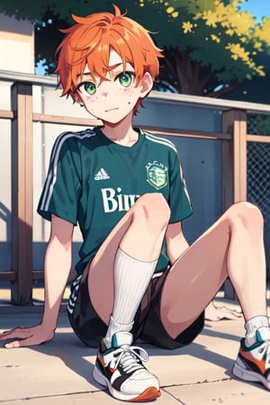Picture of a caucasian boy with neatly combed orange hair, emerald green eyes and freckles across his nose, wearing a light blue jersey, brown shorts, white knee high socks, high  top sneakers, standiing in a school playground.,light,Ginger Irish,SFW
