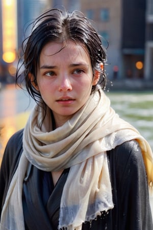 low quality photo, film grain, blur, A wet woman wrapped in a cream-colored wet wool scarf, wool scarf,  with a wet black overcoat draped over her wet shoulders. Her gaze is pensive, her wet black hair tousled by the wind, wet bare face, against an urban backdrop, sunlit face,girlvn,wet korean girl,more detail XL,soakingwetclothes