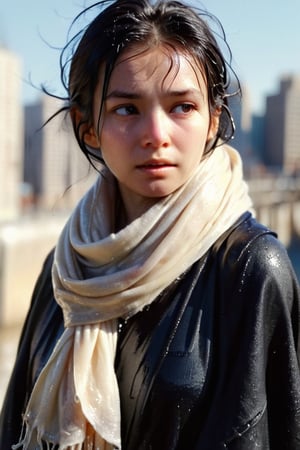 low quality photo, film grain, blur, A wet woman wrapped in a cream-colored wet wool scarf, wool scarf,  with a wet black overcoat draped over her wet shoulders. Her gaze is pensive, her wet black hair tousled by the wind, wet bare face, against an urban backdrop, sunlit face,girlvn,wet korean girl,more detail XL,soakingwetclothes