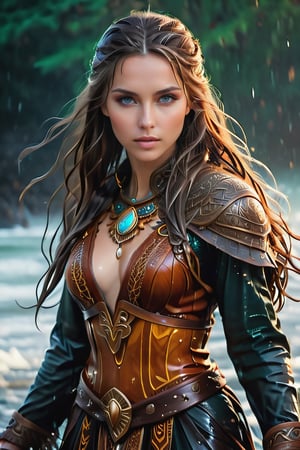 captivating depiction of a wet woman dressed in ancient wet Viking attire. Her stunning wet  figure is adorned with intricate Viking wet  clothing and accessories, showcasing the rich history and unique style of this ancient civilisation. The wet woman's beautiful, Scandinavian wet face radiates confidence and attractiveness, reflecting the strength and resilience of Viking wet women. Her flowing, uncombed wet hair cascades around her, emphasising her wild and independent spirit. The composition emphasises the beauty of her wet body and wet facial features, capturing the intricate details of her wet outfit, from the fur-trimmed cloak to the intricate woven patterns. As a whole, the image exudes a sense of strength, beauty and grace, celebrating the timeless elegance of Viking culture.