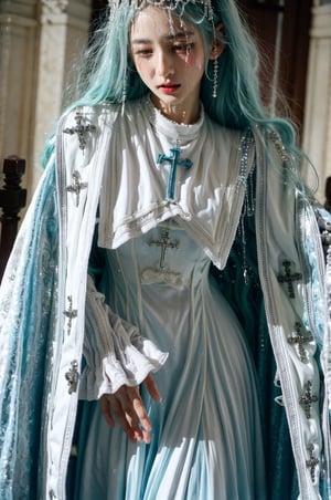 eyeliner, (long icy blue hair), curvy, wearing garb_g1, elaborate brocade A Line corset gown and robe, crystals, charms, rhinestone crosses, embroidery, bib, full neckline, full length skirt, frills, headdress with dangling beads, , church, praying,garb_g1,photorealistic, ,SoakingWetClothes, (( wet clothes, wet hair, wet girl, in water, soaked))