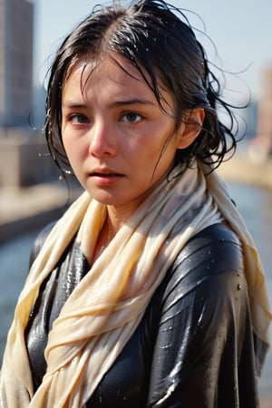 low quality photo, film grain, blur, A wet woman wrapped in a cream-colored wet scarf, with a wet black coat draped over her wet shoulders. Her gaze is pensive, her wet black hair tousled by the wind, wet bare face, against an urban backdrop, sunlit face,girlvn,wet korean girl,more detail XL,soakingwetclothes