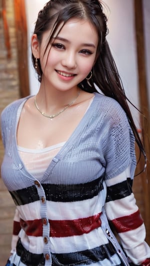 Beautiful and delicate light, (beautiful and delicate eyes), pale wet skin, big smile, (brown eyes), (wet black long hair), dreamy, medium chest, woman 1, (front shot),wet Korean girl, wet wool sweater, wet heavy overcoat jacket, wet bangs, soft expression, height 170,wet elegant, big smile, 8k art photo, realistic concept art, realistic, portrait, necklace, small earrings, handbag, fantasy, jewelry, pigtail,wet longskirt, longskirt, various wet tops, (red), horizontal stripes pattern, wet jacket , t-shirt, half body shot, shibari,soakingwetclothes